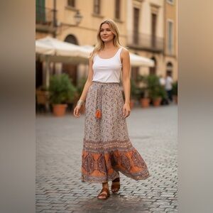 Lola P. Beautiful Orange Paisley Maxi Skirt Rayon Tassled Elastic Waist S/M BOHO